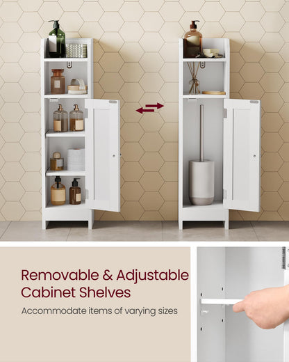 VASAGLE Slim Bathroom Floor Storage Cabinet with Door and Shelves, Freestanding Bathroom Storage Unit, Narrow Bathroom Toilet Paper Storage Cabinet, Adjustable Shelves, White BBC310W01