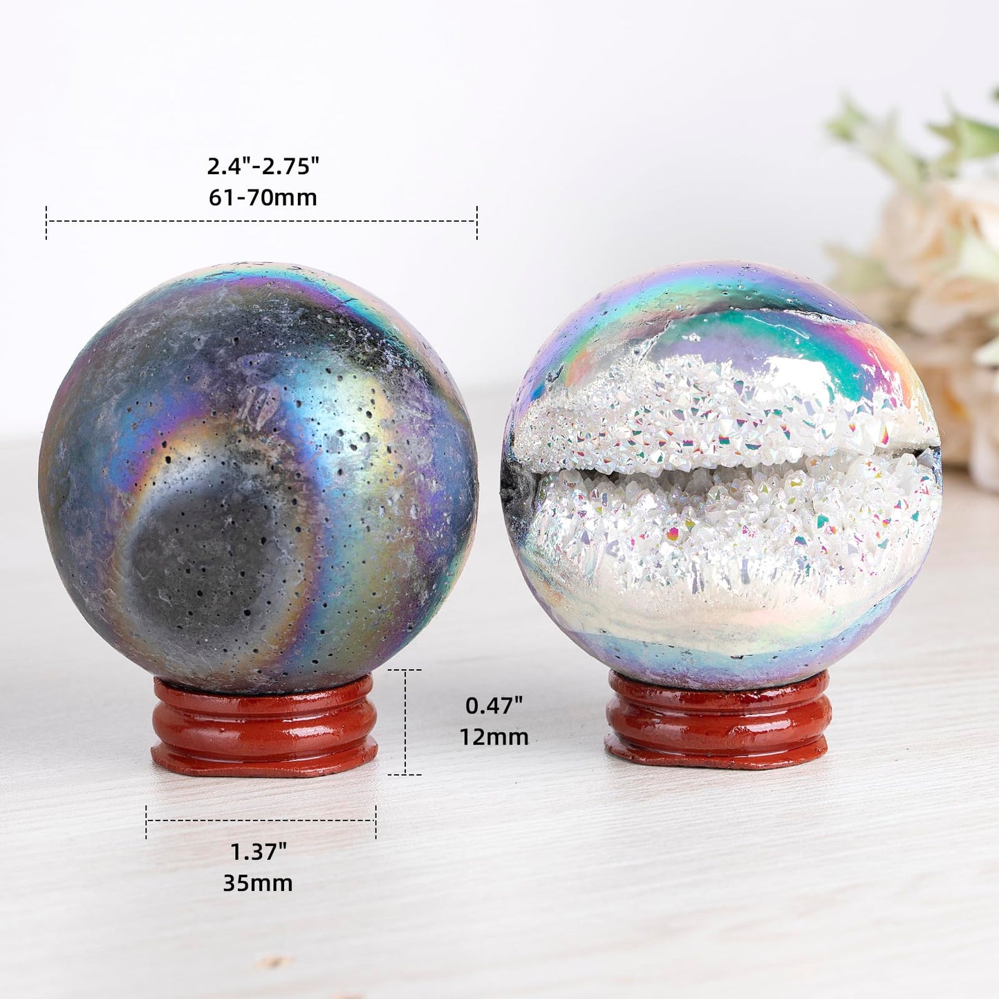 Rockcloud Titanium Coated White AB Quartz Crystal Sphere with Wood Stand, Natural Rock Crystal Geode Ball for Divination Home Decor, 61-70mm