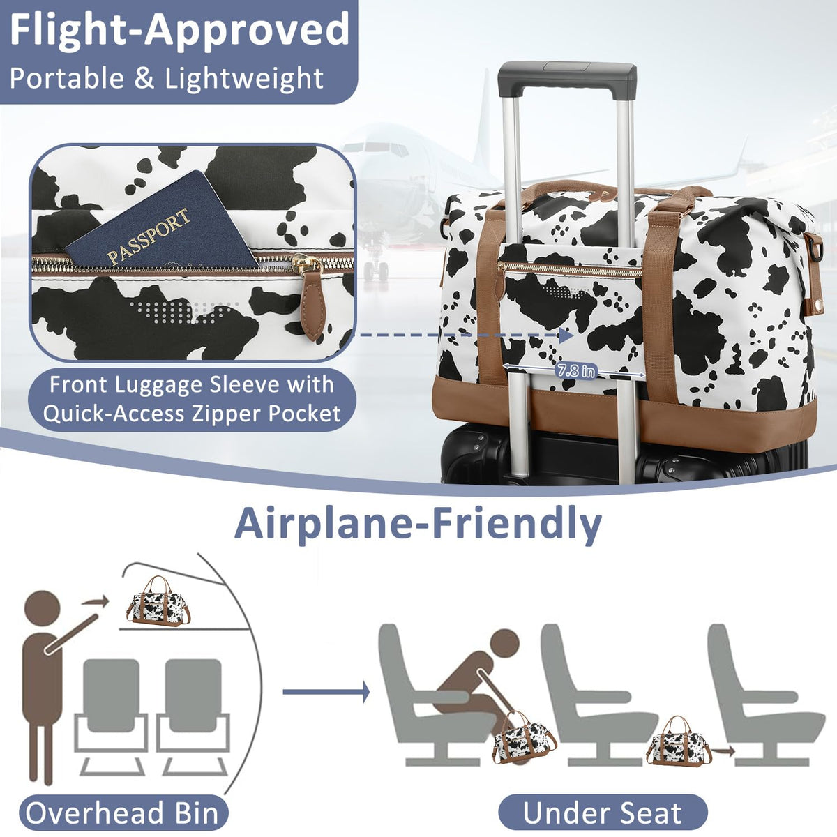 ELONGRIVER Travel Duffle Bag for Women, Weekender Bags, Hospital Bag for Labor Delivery, Lightweight Tote Duffel Overnight Bag with Luggage Sleeve, Airplane Travel Bags with Toiletry Bag, Large, Cow