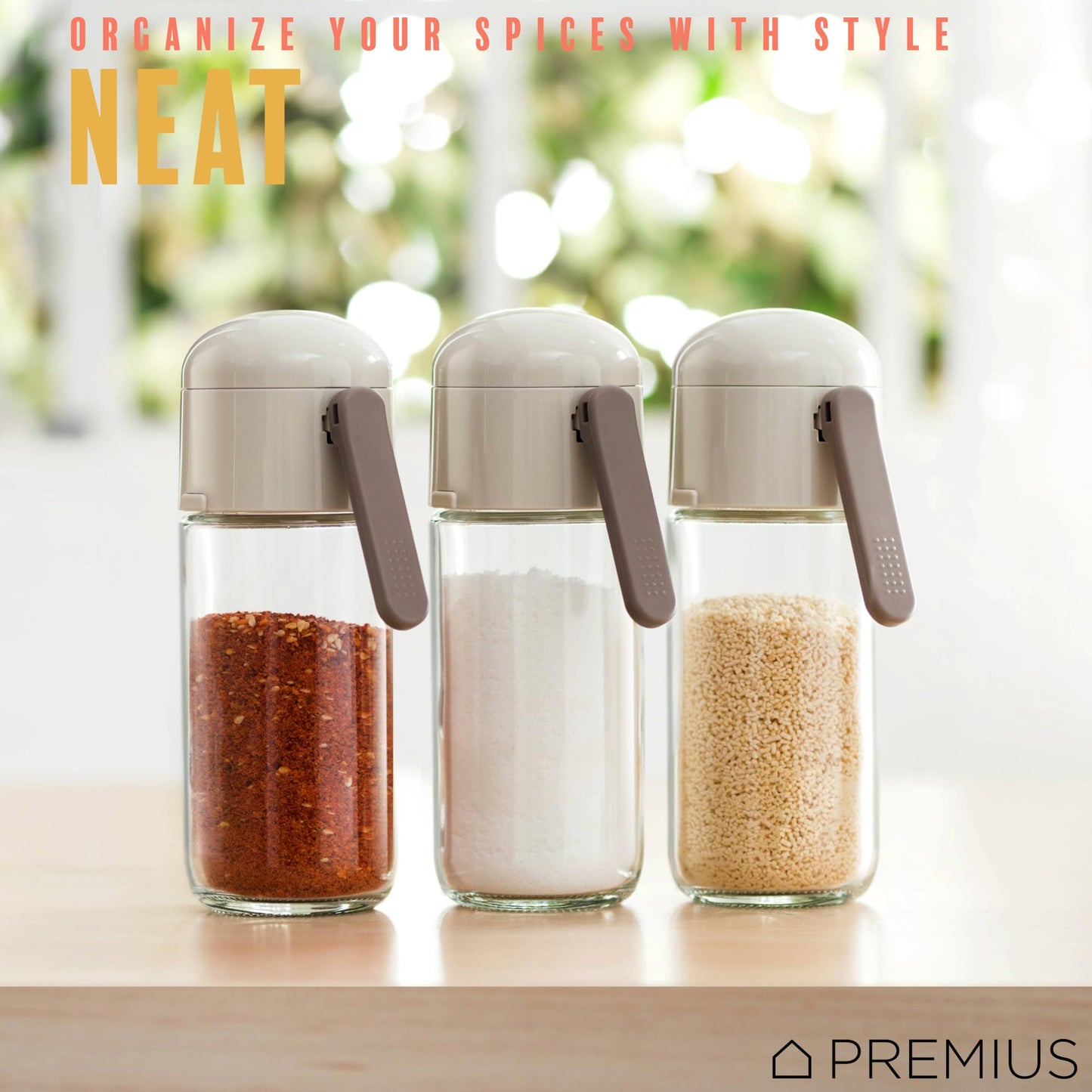 Glass Precision Spice Dispenser By PREMIUS, 8.45 Ounces, Durable Glass Bottle, Plastic Lid, Pour the Perfect Amount of Spices Every Time, Airtight Design with Sleek Glass, White