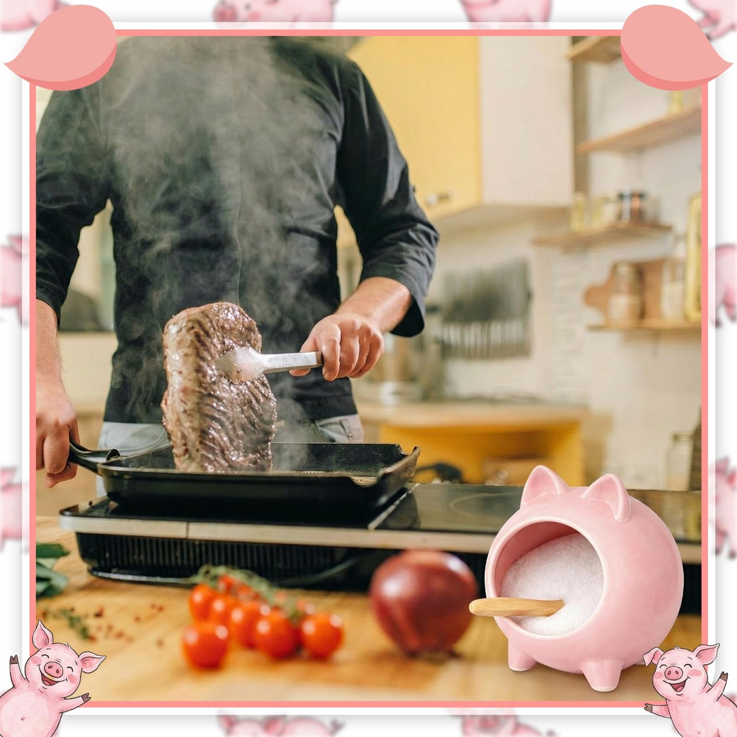 Sliner Ceramic Salt Pig with Wooden Spoon Pink Cute Pig Shaped Salt Cellar Holder Countertop Storage Container for Kitchen Counter Dishwasher Safe