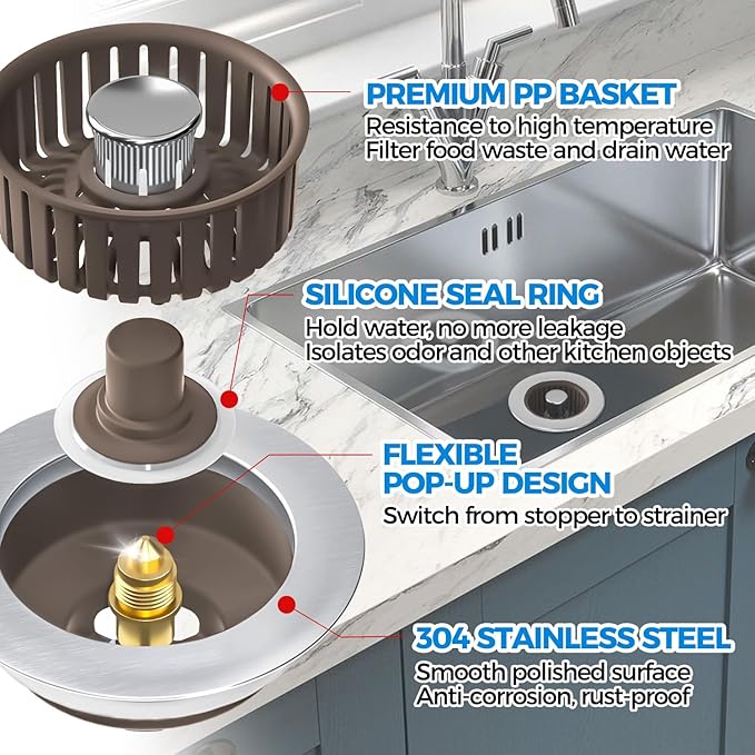 Upgraded 3in1 Kitchen Sink Drain Strainer & Sink Stopper, Stainless Steel