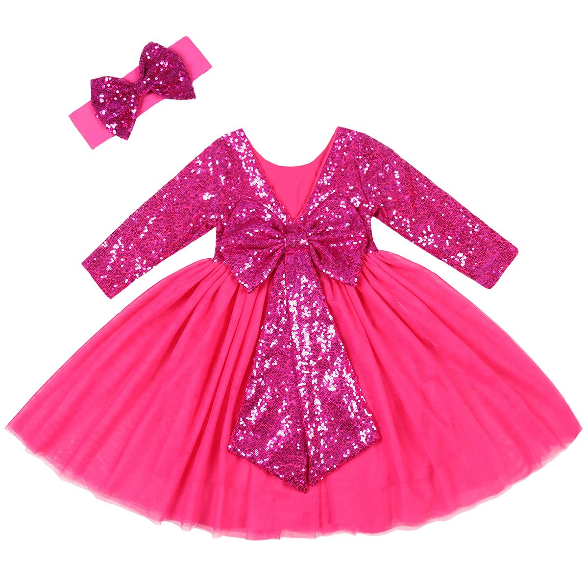 Cilucu Flower Girl Sequin Baby Toddler Long Sleeve Dress Tutu Kids Party Birthday Christmas New Year Dress Hot Pink 2T-3T