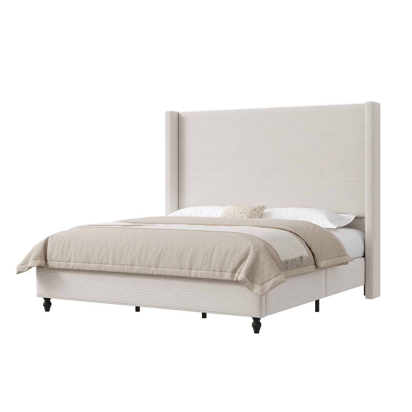 AMERLIFE Queen Bed Frame with 63" Tall Headboard, Upholstered Corduroy Bed Frame with Wingback, Platform Bed with Solid Wood Gourd Legs, Solid Slats, No Box Spring Needed, White