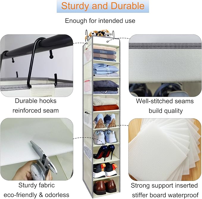 Large-Sized Hanging Shoe Organizer 10-Shelf, Sturdy Hanging Closet Organizer
