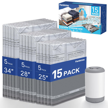 Fantictas Travel Vacuum Storage Bags with Rechargeable Air Pump, 15 Pack Portable Space Saver Bags, Compression Bags for Clothing, Bedding, Seasonal Storage & Packing Bags for Moving