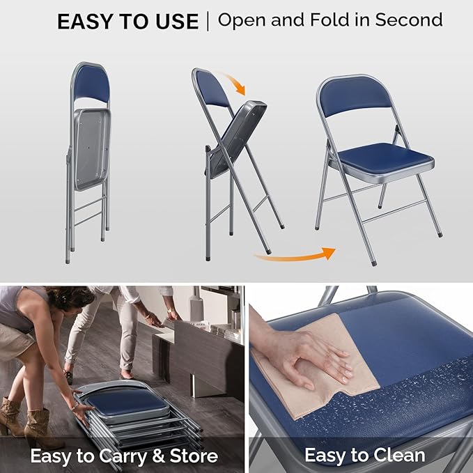 VINGLI 4 Pack Folding Chairs with Padded Seats, Metal Frame with Pu Leather Seat & Back, Capacity 350 lbs, Blue