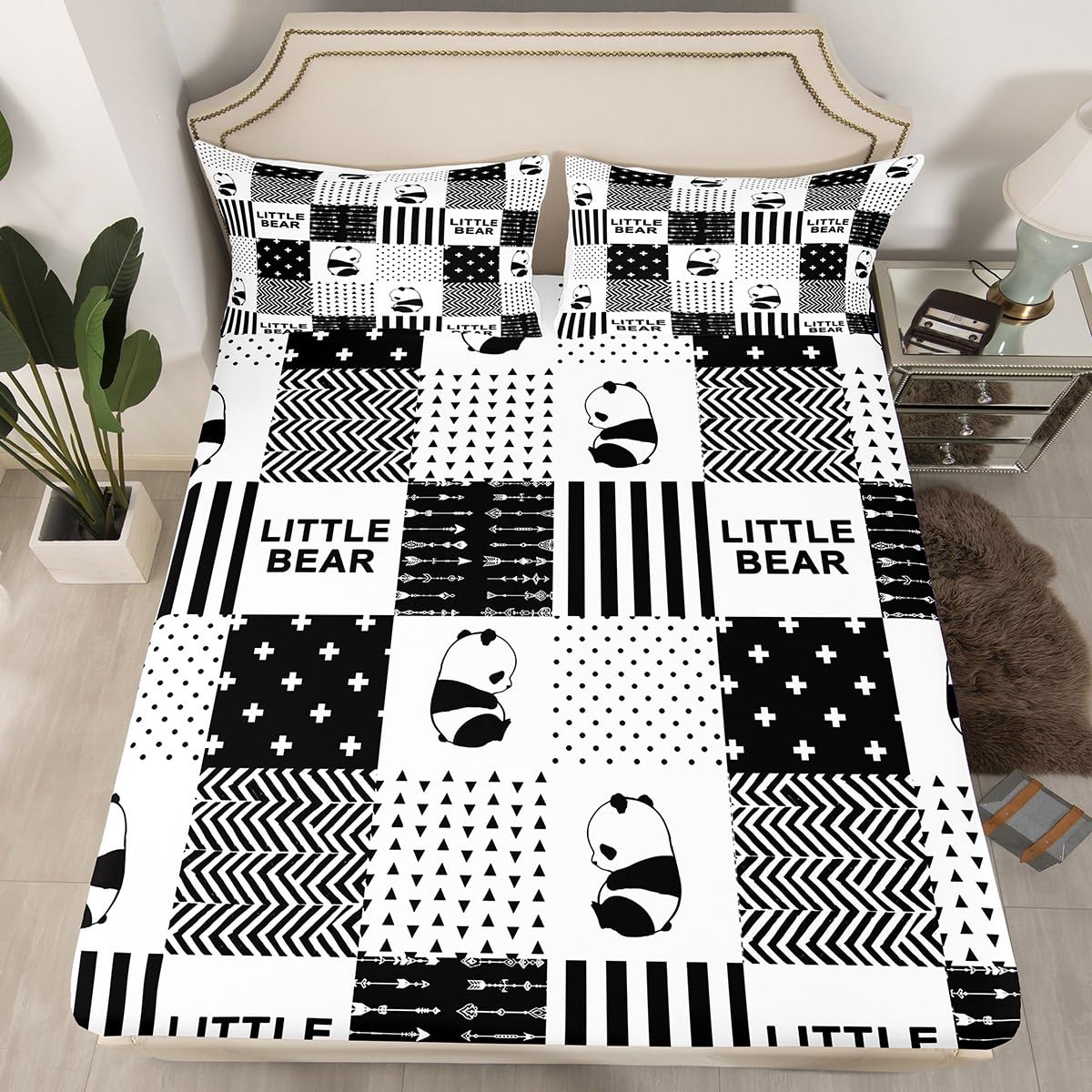 Cute Panda Kids Fitted Sheet Queen Size,Wild Animals Geometric Grids Stripes Patchwork Bedding Set,Boys Girls Adults Room Decor,Arrows Boho Bed Cover,Black White Bed Sheet,2 Pillowcases