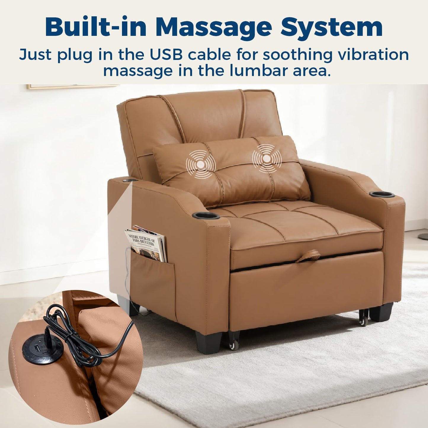 Sleeper Chair Pull Out Bed, 4 in 1 Convertible Sofa Chair Bed with Vibration Massage Lumbar Pillow, Single Sofa Recliner with USB/Type-C Port, Cup Holders and Side Pocket for Small Spaces (Brown)