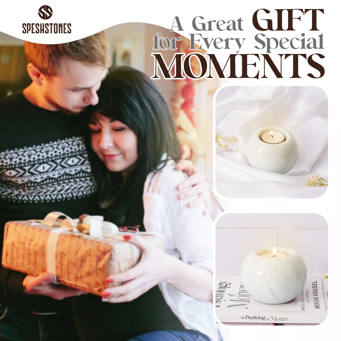 SPESHSTONES Marble Tealight Candle Holder 3.5 Inch White Gifts, Stone Holders for Votive Candles & Small Tea Lights Set of 2 for Birthday, Wedding Decorations