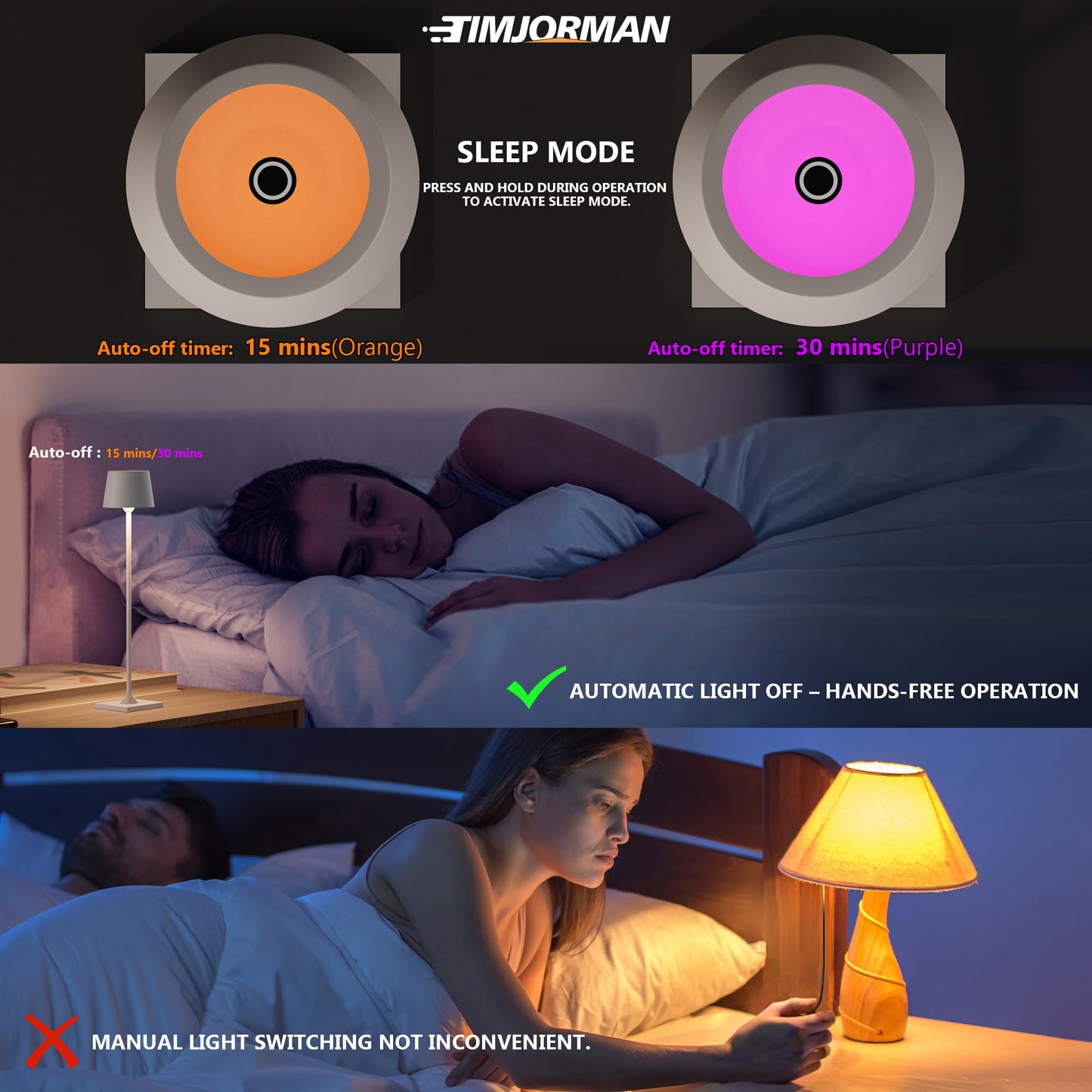 Timjorman Compact Cordless Table Lamp, Rechargeable LED Night Light, Dual Light Source (RGB Top & Warm Bottom), Touch Control & Timer, Metal Lamp for Bedroom & Kids Room (Greige 1PACK)