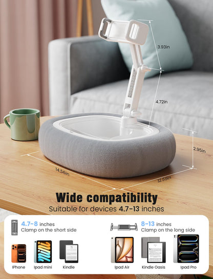 Tablet Kindle Pillow Stand Holder Free Adjustment with 3 Divided Trays Fit 4''-13'' Phone Kindle iPad Holder Stand Ultra Stable for Bed Soft Plus Fabric Dust Cover Lap Desk Kindle Accessories Gray