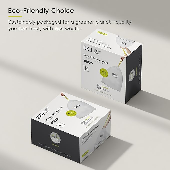 EKO 9.3 Gallon / 30–35 Liter Drawstring Trash Bags, Extra-Strong Leak-Resistant