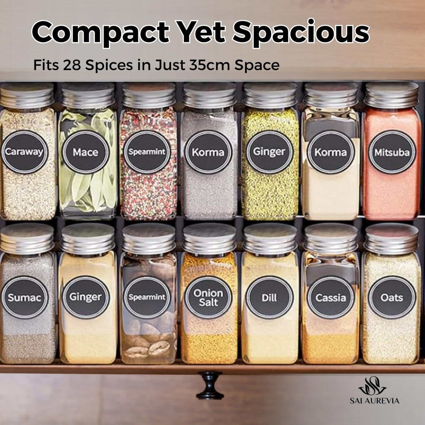 SAI AUREVIA - 28-Jar Spice Rack Organizer with 4-Tier Metal Stand | Complete Set with Glass Jars, Labels & Funnel | Space-Saving Kitchen Spice Storage (Wall or Countertop Mount)