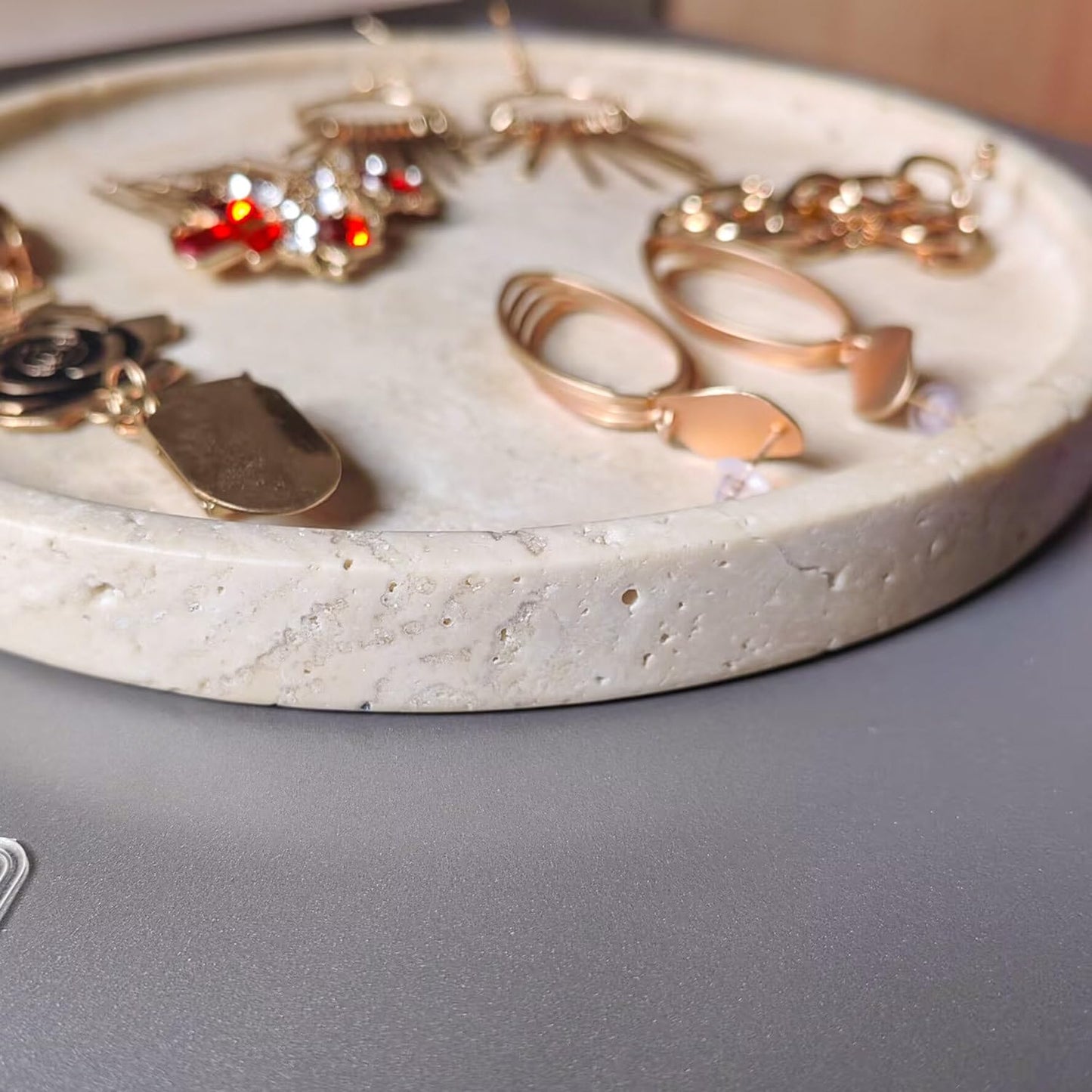 Natural Travertine Vanity Decorative Marble Tray, Candles, Perfume, Trinket, Marble Circle Vanity Trays for Bathroom, Dresser, Kitchen, Countertop Storage Organizer for Home Decor