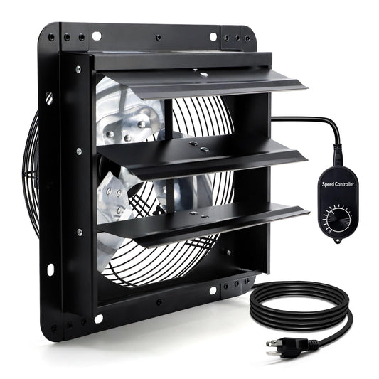Hipoilk 12 Inch Shutter Exhaust Fan for Greenhouse, Shed, Garage, Barn, Chicken Coop Ventilation, Wall Mount Attic Fan with Speed Controller and Power Cord, 970 CFM, Black