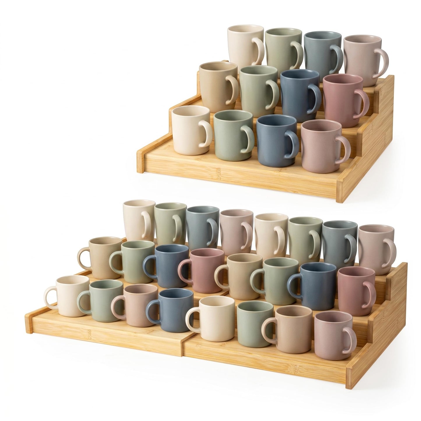 Nhohobiy 3-Tier Expandable Bamboo Mug Holder Shelf Rack For Countertop Coffee Cup Holder Display, Pantry Can Organizer for Cabinet, Coffee Bar Organizer for Kitchen