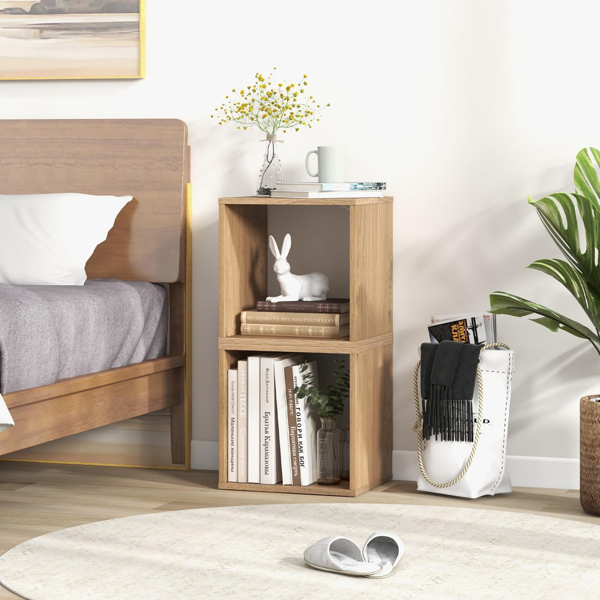 Giantex 2 Cube Bookshelf Organizer, 2-Tier Stackable Cube Storage Organizer, Small Wooden Open Book Shelf with Anti-toppling Device, Wood Floor Standing Display Shelving Bookcase, Natural