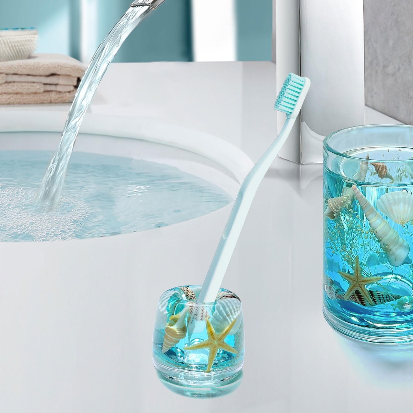FONMY Mini Couple Toothbrush Holder Stand-Acrylic w/Nature Seashell Handmade Seascape Razor Holders Organizer for Bathroom Vanity Countertops Office Unique Gifts and Home Decoration,Sea Blue,Pack of 2