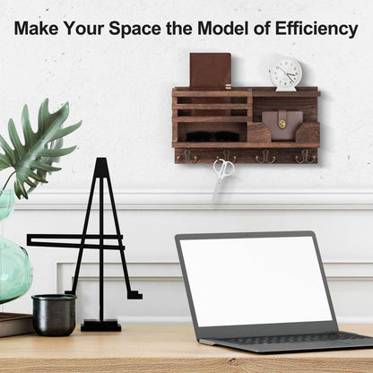 Lwenki Mail and Key Holder for Wall – Decorative 15.9” x 8.7” x 3.2” Entryway Organizer with Shelf – Paulownia Wood with 4 Dual Hooks Includes Mounting Hardware and Installation Guide