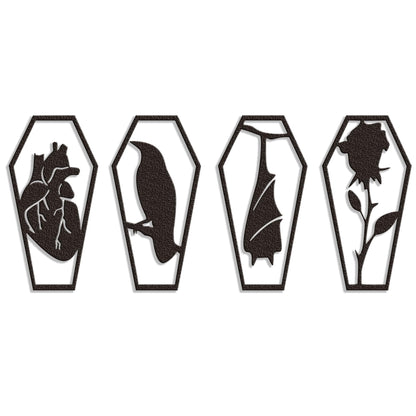 YATEASLU Gothic Coffin Wall Decor Set of 4 Metal Heart, Crow, Bat, Rose Sculptures for Gothic Home Decor, Bathroom, Kitchen, Office - Spooky Halloween Wall Decor with Screws