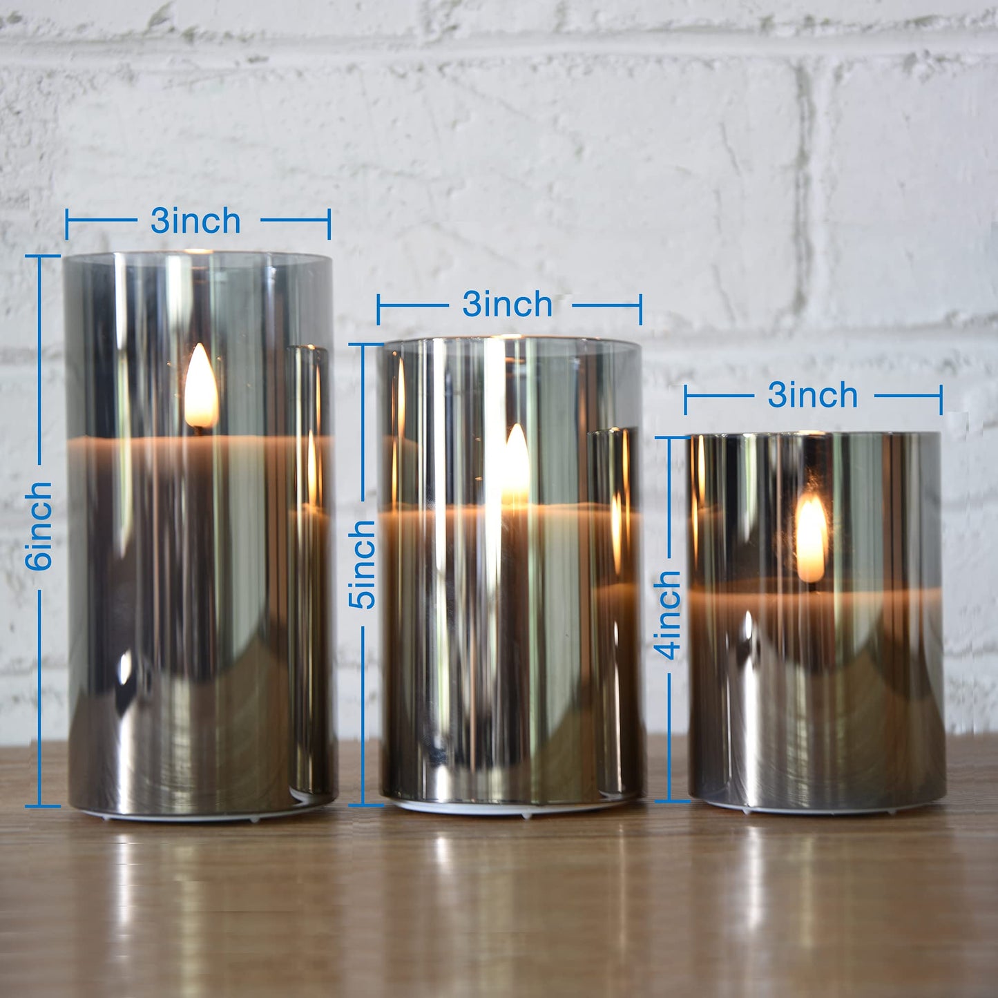 Eywamage Silver Grey Glass Flameless Flickering Candles with Remote, 3 Pack Realistic LED Fake Candles ∅ 3" H 4" 5" 6"