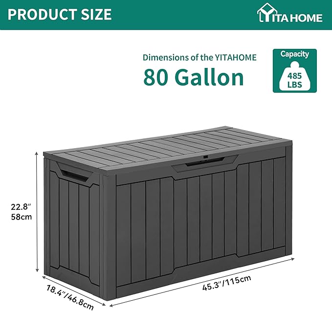 YITAHOME 80 Gallon Outdoor Storage Box, Large Waterproof Resin Deck Box, Indoor Outdoor Lockable Storage Container for Patio, Garden, Cushions, Tools, Equipment (Dark Gray)