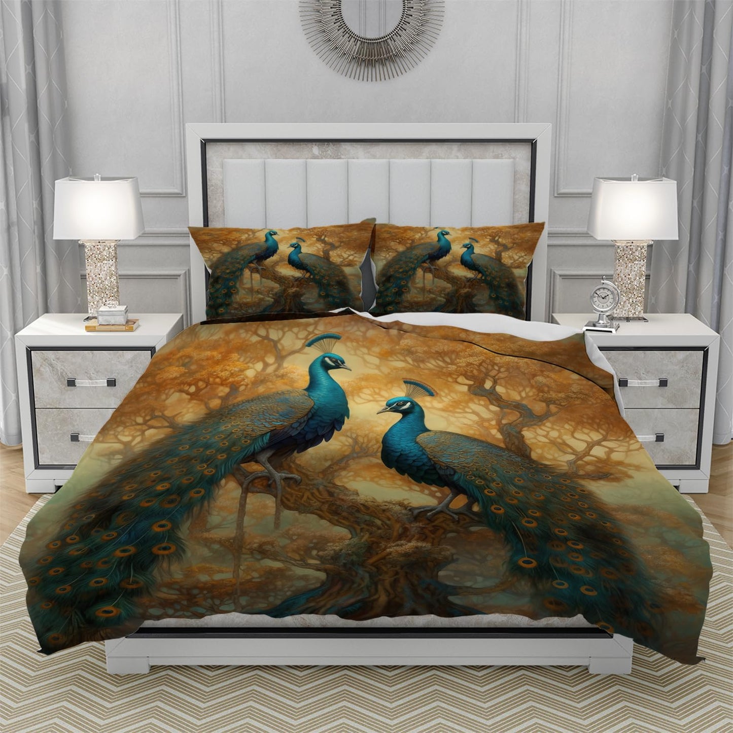 RICQLESC Peacock Duvet Cover and 2 Pillow, Beautiful Elegant Feather Wild Birds Animal Golden Tree Art Comforter Set, Kids Boys Girls Bedding 3 Pieces, King Size 104x90 inch