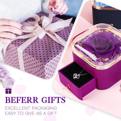 Beferr Valentines Day Gifts for Her Preserved Real Rose with Necklace Eternal Roses Fresh Flowers for Delivery Prime Birthday Anniversary Purple Gifts for Women Mom Wife Daughter Grandma Girlfriend