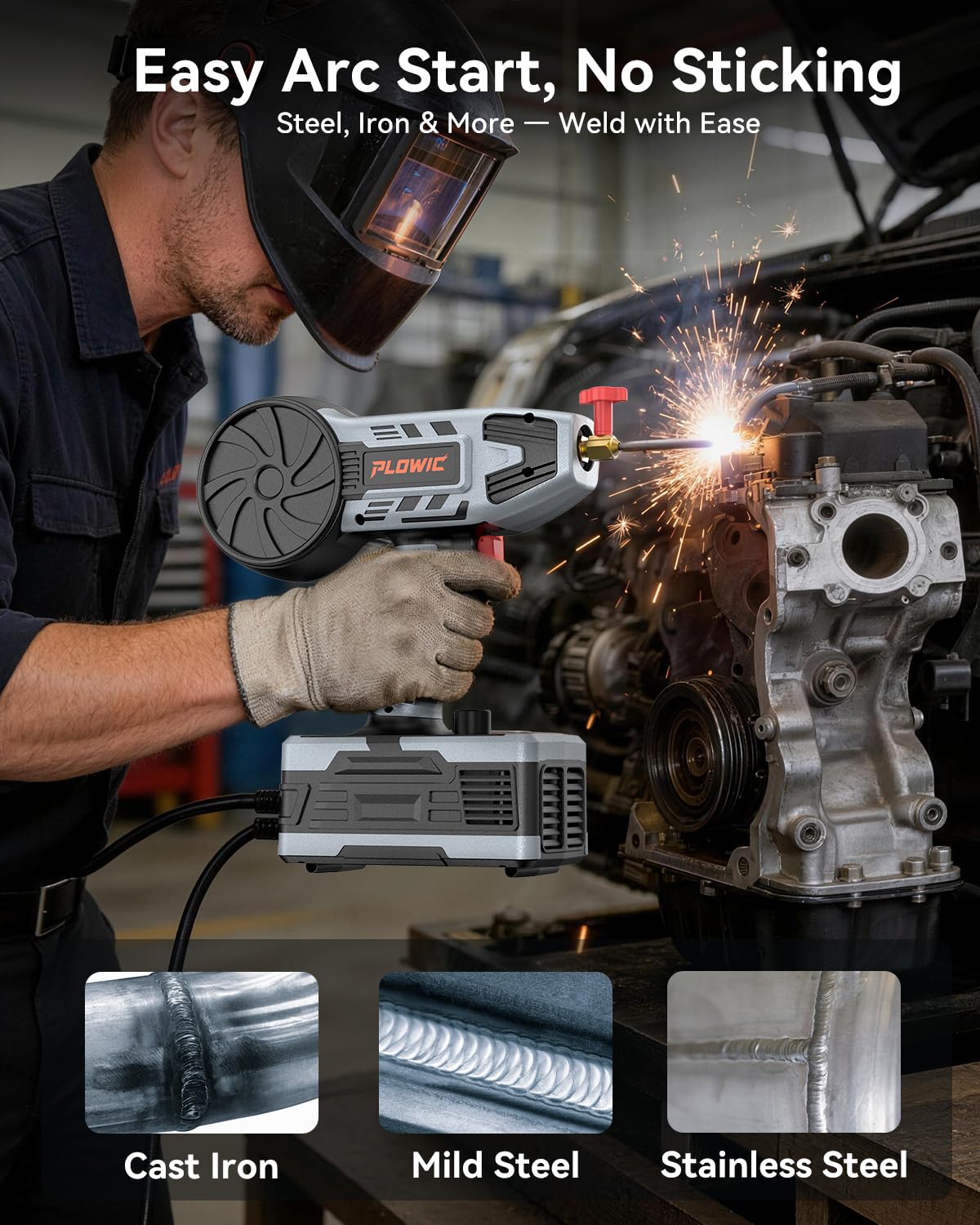 2 in 1 Handheld MIG and Stick Welder: PLOWIC 250A Portable Welding Machine, 110V Gasless Flux Core Wire Feed & MMA ARC Welder Gun for Home DIY, Repair, Farm - for .032"/.040" Wire and 3/32"-1/8" Rod