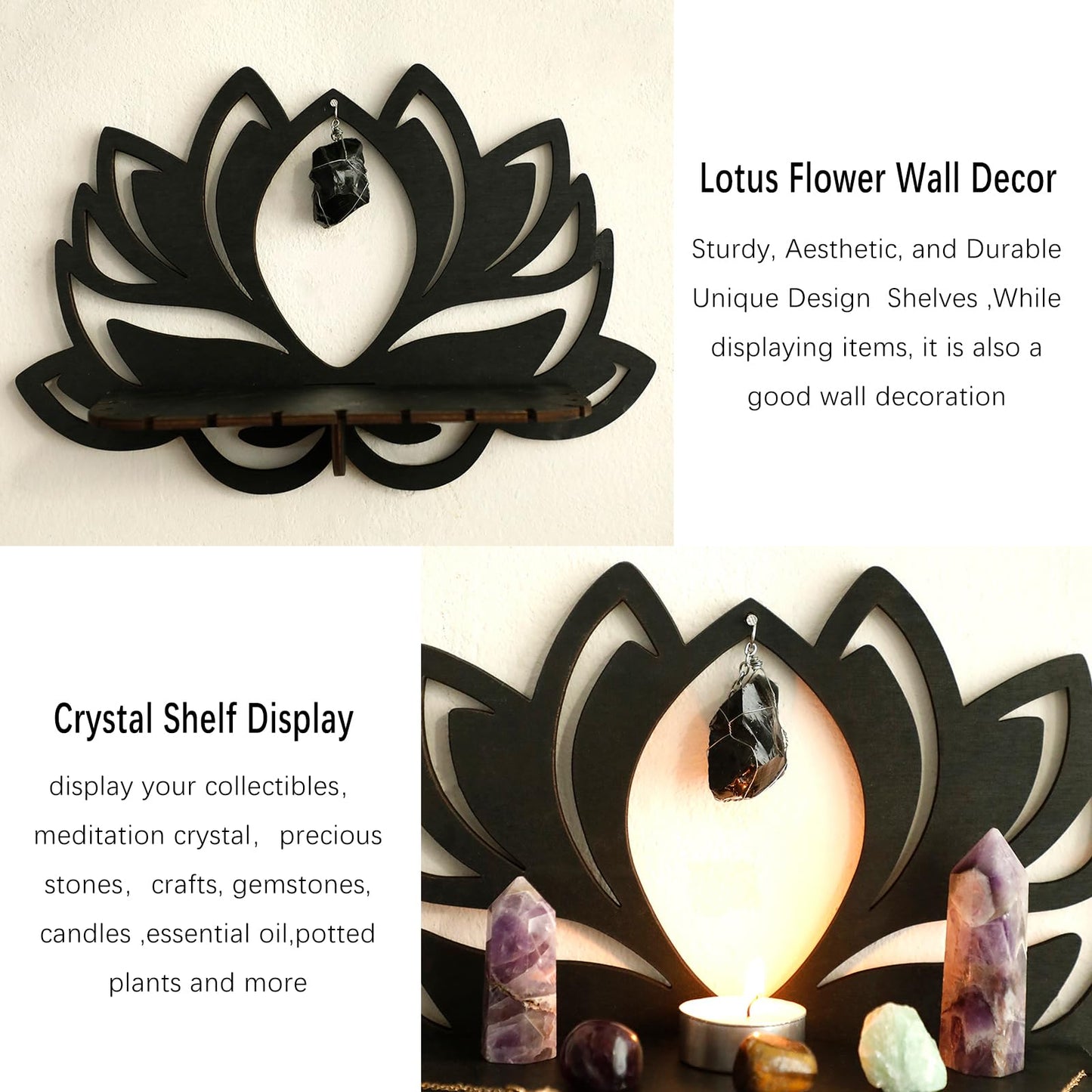 Artilady Lotus Flower Crystal Shelf -3 Pack Floating Shelves for Wall Bedroom Decor Black Cute Display Shelf Yoga Decor for Crystals and Stones Aesthetic Boho Room Decorations Witchy Gift for Wome