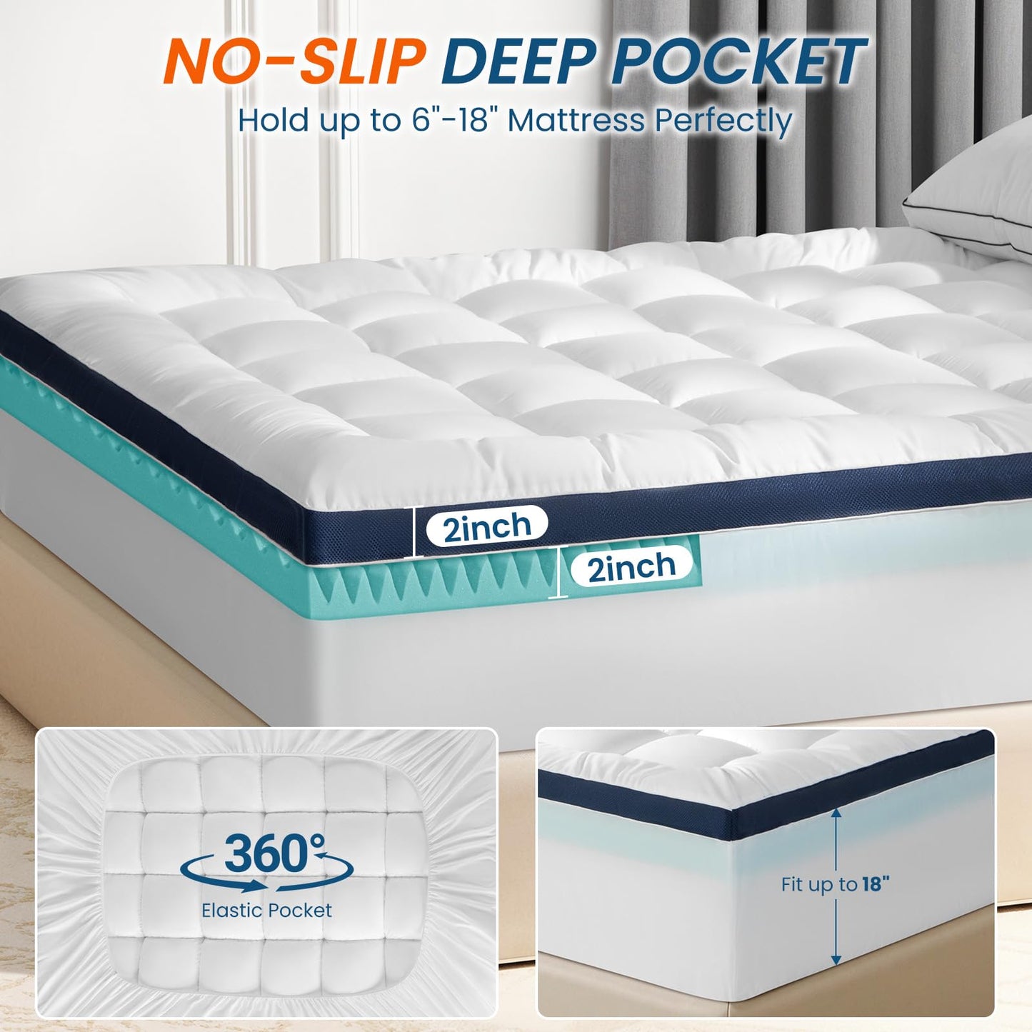 4 Inch Memory Foam Dual-Layer Mattress Topper Queen Size - 2Inch 1000GSM Quilted Pillow Top with Down-Alternative + 2Inch 5-Zone Egg Crate Memory Foam（Queen,60"x80"）