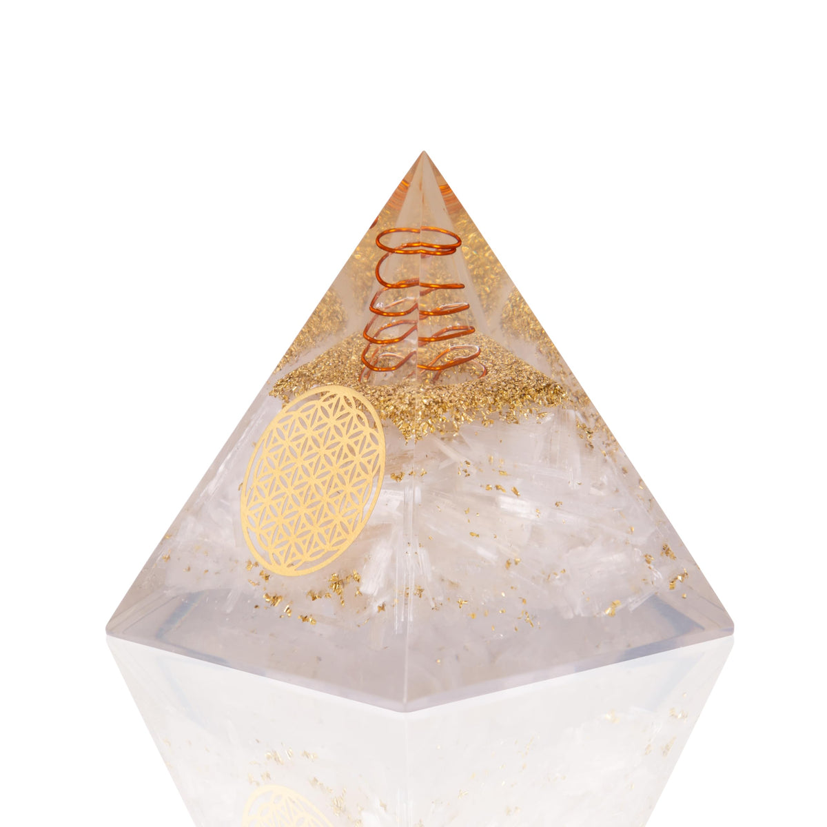 Agate Treasure Selenite Orgonite Pyramid – Energy Crystal for Clarity & Protection – Handmade Spiritual Decor for Meditation, Focus & Inner Peace