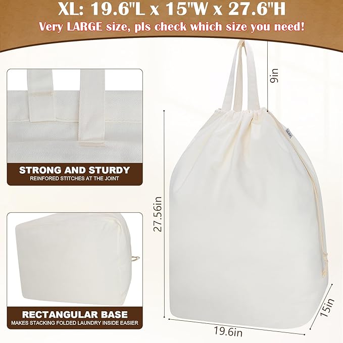 Canvas Laundry Bags with Handles & Rectangular Base, Washable Canvas Drawstring