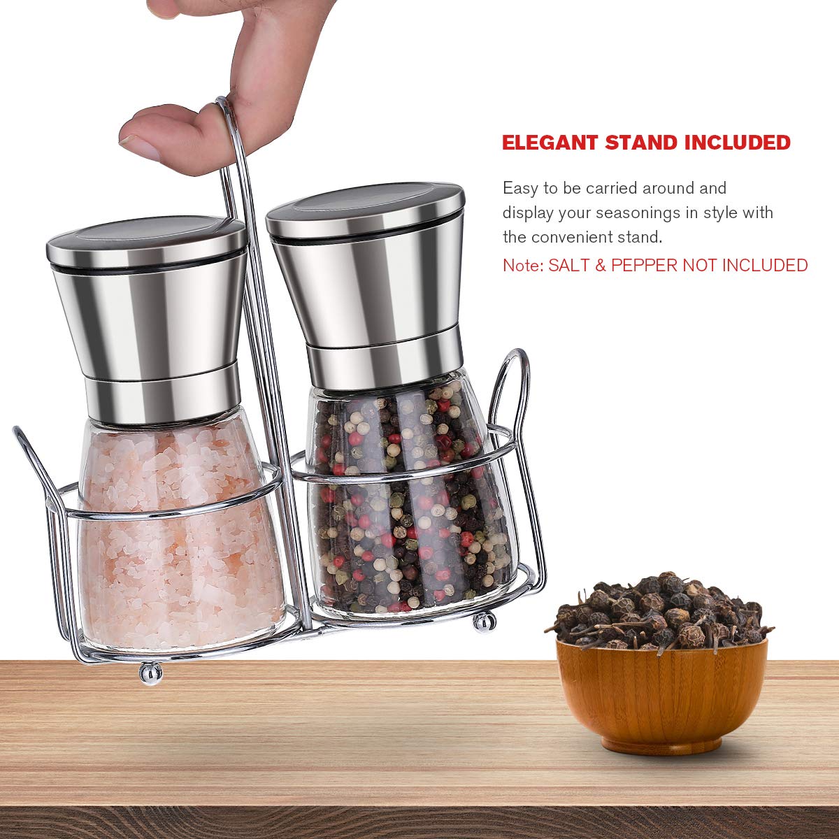 bonris Premium Salt and Pepper Grinder Set with Stand Stainless Steel Manual Spice Adjustable Coarseness with Five Grinding Level Pepper Mill Grinders Shakers Set with Silicone Funnel (Pack of 2)