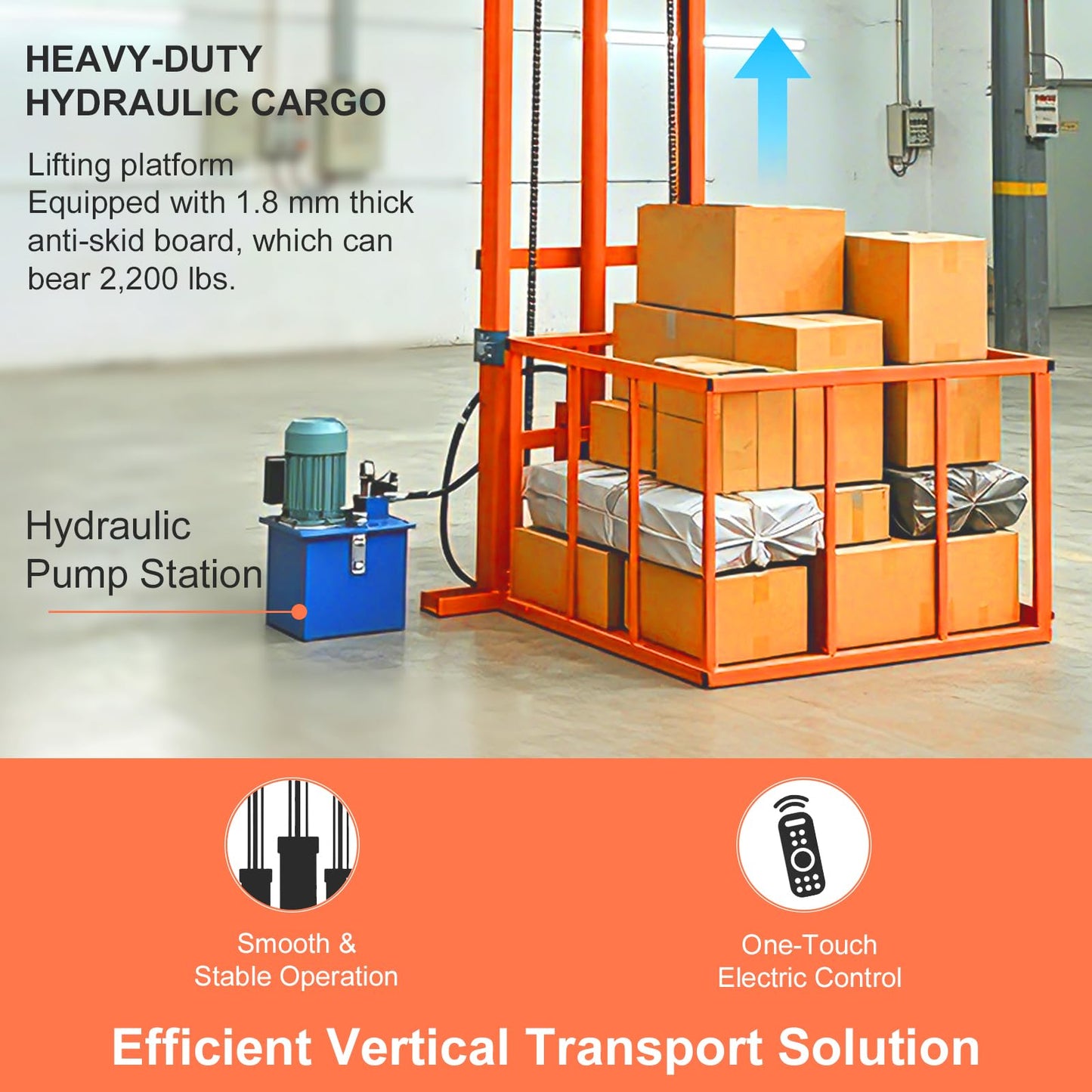 Hydraulic Freight Elevator System, 2200lbs 1-Ton Electric Cargo Lift Platform, Wall-Mounted Rail Guide VRC Mezzanine Hoist with 2500W Pump for Warehouse, Factory, Home Garage (26.2FT Lifting Height)