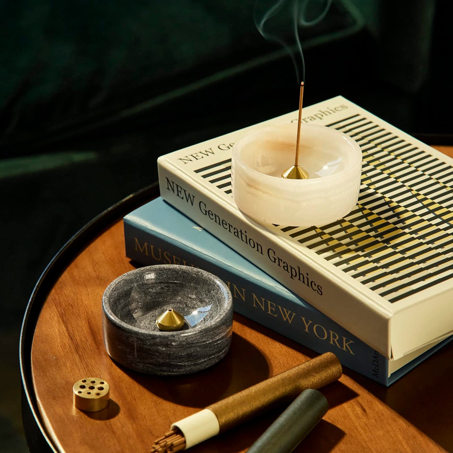 PHINILUX 100% Marble Incense Holder Set, Stick Burner, Cone Ash Catcher Bowl, Japanese Incense Stand with Sandalwood Sticks and 2 Brass Burners, Mini-3”, Zen,Gray