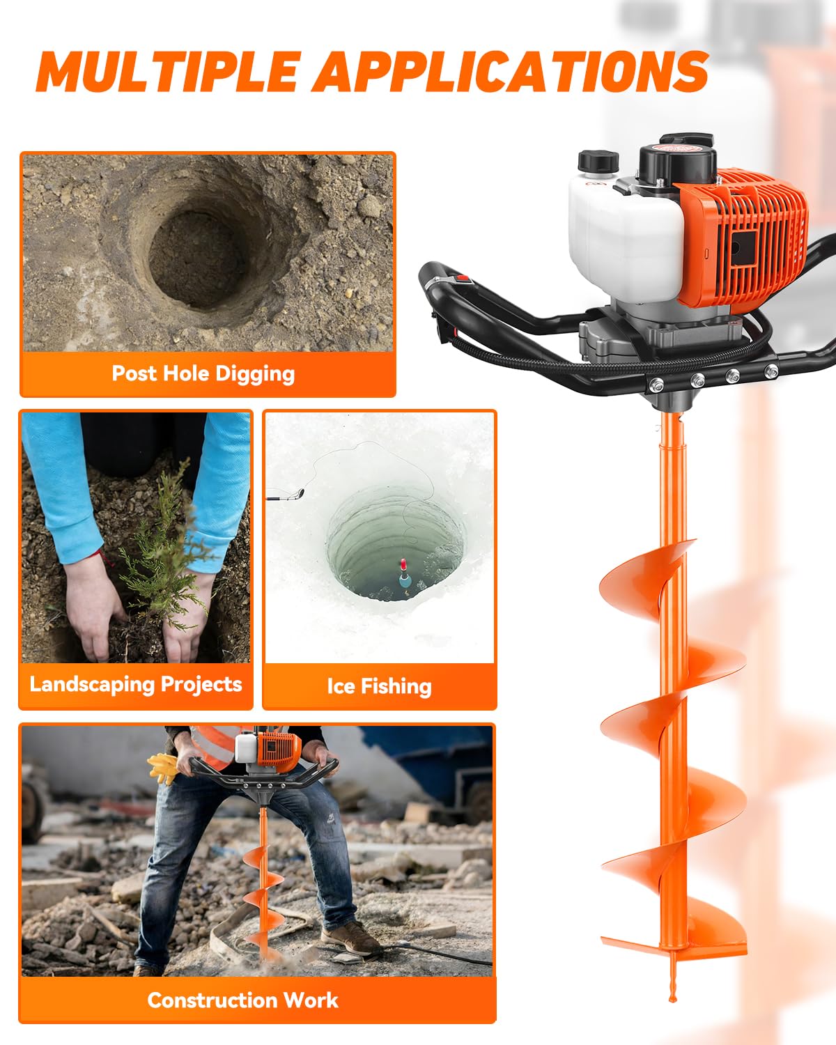 NEO-TEC 72CC Post Hole Digger Drill Gas Powered 2-Stroke & 8" Drill Bits + 1 Extension Bar, Earth Auger Petrol Drill Borer for Garden Lawn Auger Drill Bit for Planting