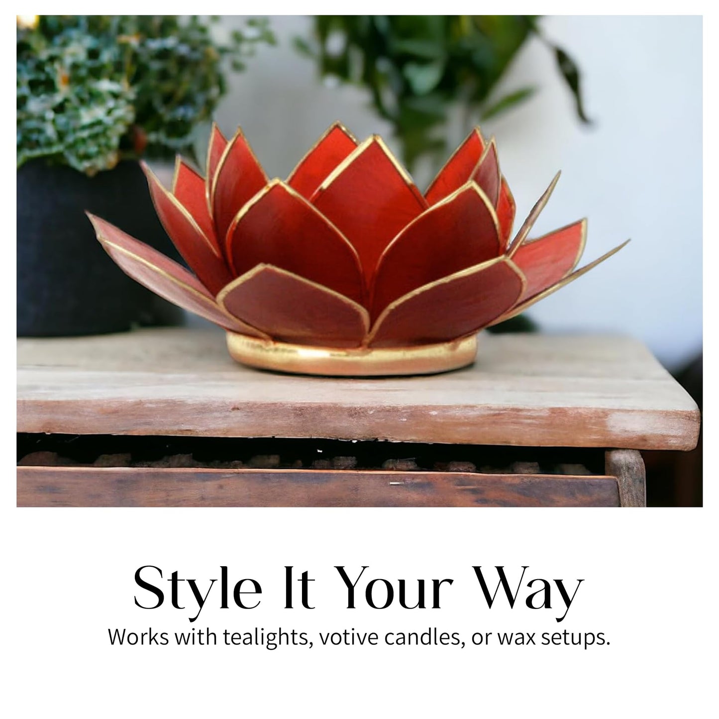 OM Gallery Gemstone Lotus Tealight Holder - Handcrafted Capiz Shell Design for Soft Glow, Elegant Home & Table Decor, Wedding Centerpieces, Votive Candle Styling, and Thoughtful Gifting - Ruby