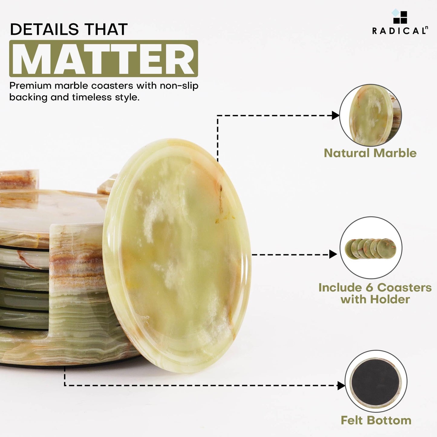 Radicaln Green Onyx Marble Coasters Set of 6 Handmade 3.5" Inches Round Drink Coasters & Cup Coasters for Coffee Table Decor, Ideal Stone Coasters with Holder for Dining Table