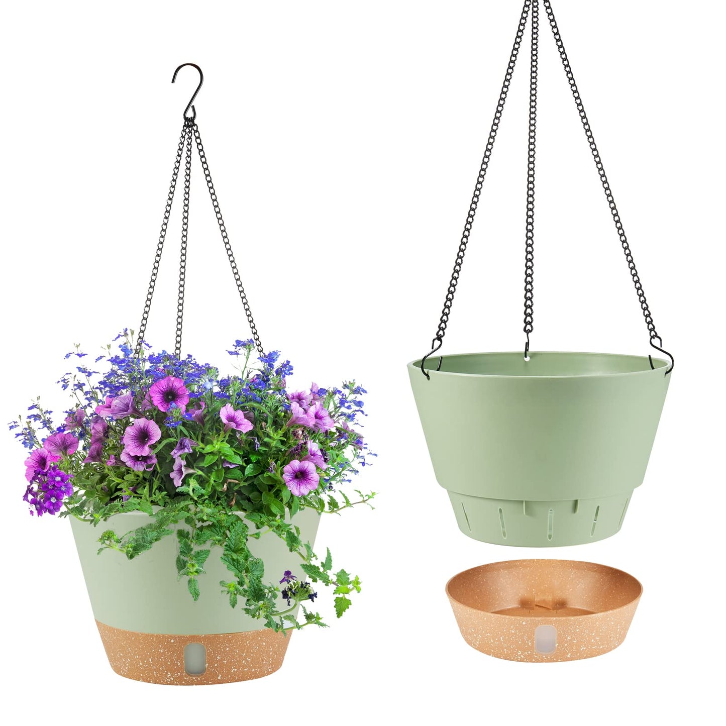 WIZROL 2 Pack Hanging Planters, 10 inch Indoor Outdoor Hanging Plant Pot Basket, Hanging Plastic Flower Pot with Drainage Hole with Removable Tray&Hooks for Hanging Plants,Green