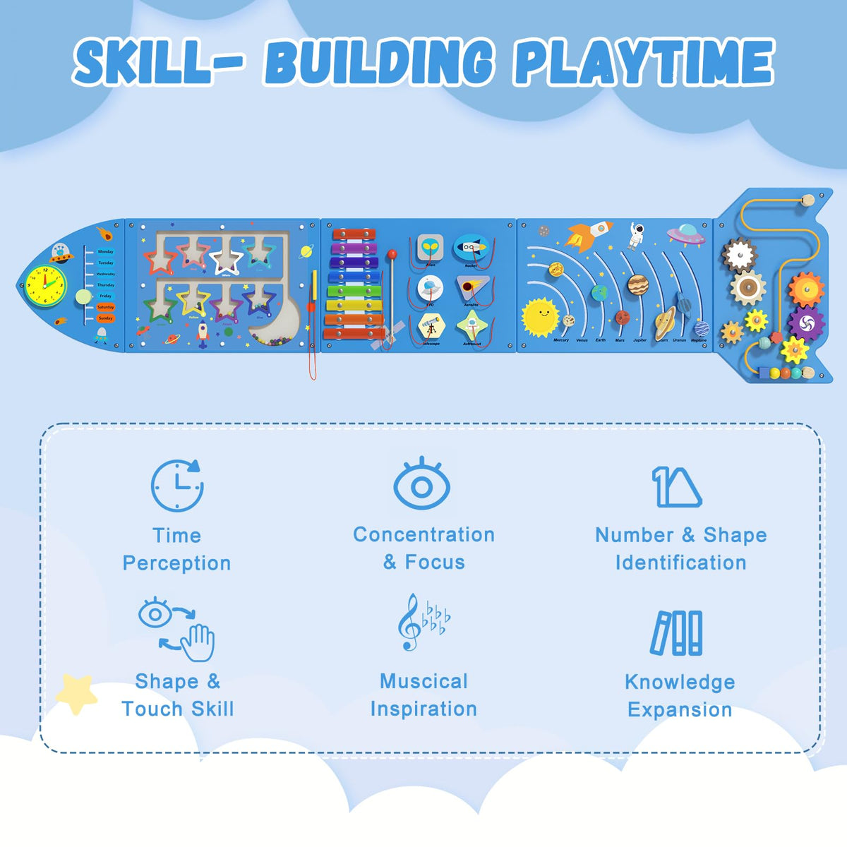 Spacocld Rocket Activity Wall Busy Board Panels - Sensory Wall Panel for Kids, Montessori Toddler Wall Activity Board, Wall Toys for Toddlers 3, Activity Cube, Wooden Multi-Activity Boards, Blue(5PCS)