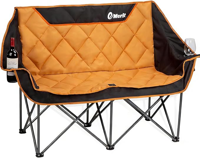 EMERIT Oversized Double Duo Camping Chair Folding Camping Loveseat 2 Person Camping Couch Heavy Duty Lawn Chairs for Outside with Padded Seats & Armrests-Support 650LBS