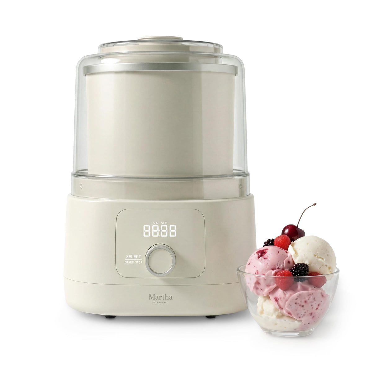 Martha Stewart Ice Cream Maker, 2 Quart Double-Insulated Freezer Bowl, Sorbet & Frozen Yogurt, Ready in 20 Minutes, Mix-Ins Chute, Easy to Clean, Linen Cream