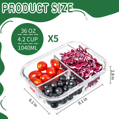 Skroam 5-Packs 36OZ Glass Airtight Food Storage Containers 3 Compartments, Meal Prep Container Set with Lids for Pantry Kitchen Organizers and Storage, BPA Free Glass Lunch Boxes Bento