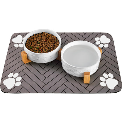 XIHAN Dog Bowls Set with Wood Stand & Mat Waterproof, 3.5 Cups Ceramic Dog Bowls Elevated for Medium Dogs, Dual Food and Water Bowls with Weighted Non-Slip Base 28.7 OZ