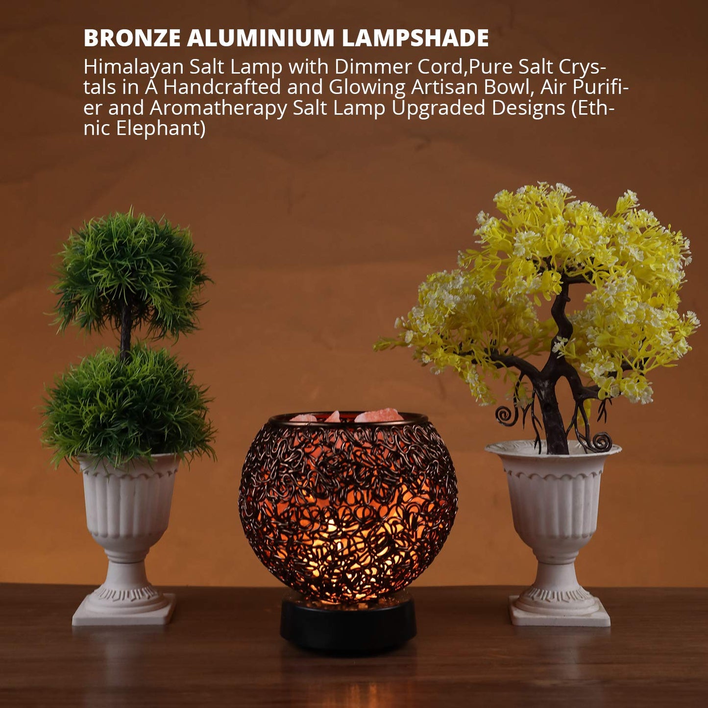Plemo Natural Himalayan Salt Lamp with Genuine Wood Base in Classic Round Metal Basket with Dimmable Cord and Luxury Gift Box