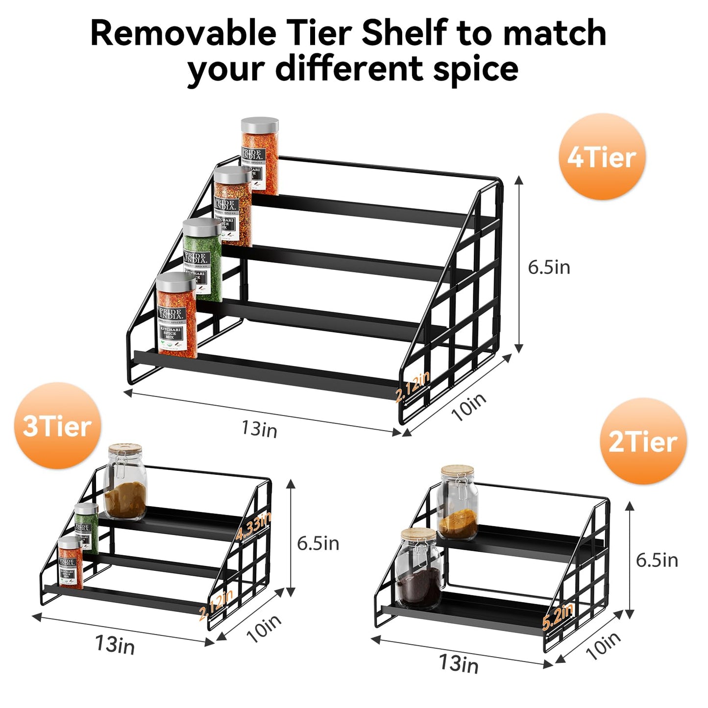 Bunoxea 4 Tier Adjustable Spice Rack for Cabinet & Countertop, Black