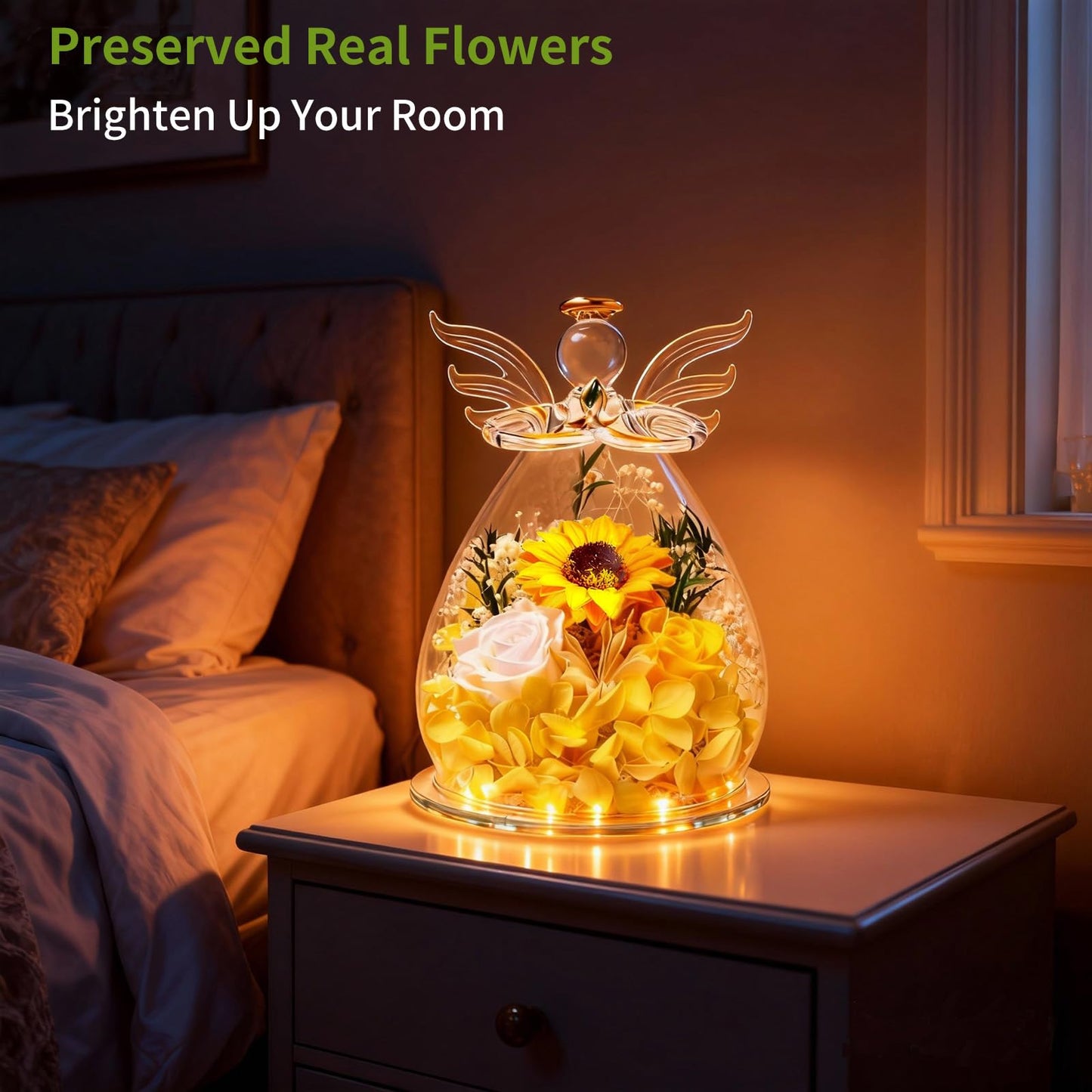 Angel Glass Dome with LED Lights, Preserved Sunflower and Rose Arrangement, Crystal Wings Topper,for Mother's Day,Valentine's Day,Birthday,for Indoor,for You to Send Love for All Occasions