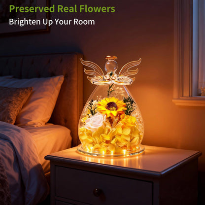 Angel Glass Dome with LED Lights, Preserved Sunflower and Rose Arrangement, Crystal Wings Topper,for Mother's Day,Valentine's Day,Birthday,for Indoor,for You to Send Love for All Occasions